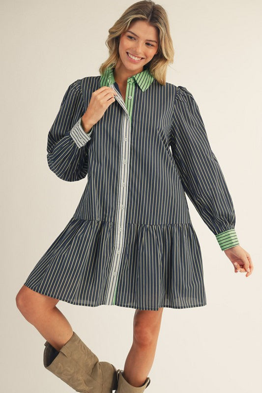1734 Striped Button Down Long Sleeve Dress