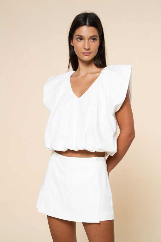 2070 White V-Neck Bubble Top