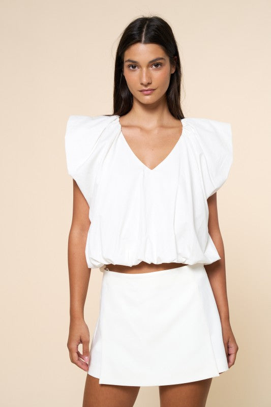 2070 White V-Neck Bubble Top