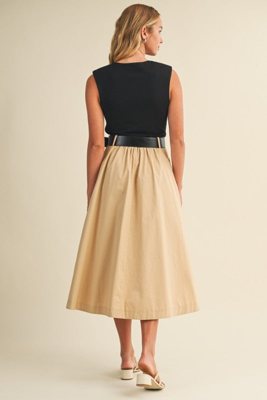 1863 Belted Black Tank Top, Beige Skirt Dress