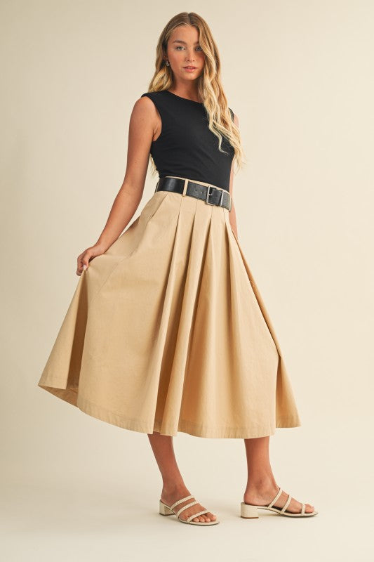 1863 Belted Black Tank Top, Beige Skirt Dress