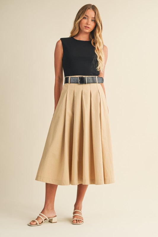 1863 Belted Black Tank Top, Beige Skirt Dress
