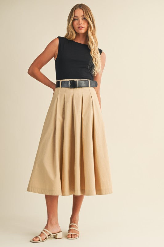 1863 Belted Black Tank Top, Beige Skirt Dress