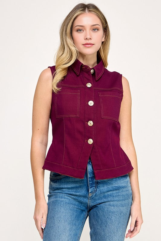 1844 SleevelessButton Down Denim Top