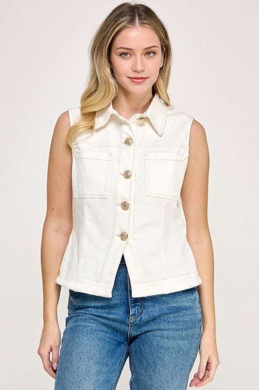 1844 SleevelessButton Down Denim Top