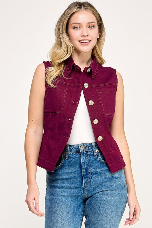 1844 SleevelessButton Down Denim Top