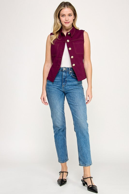 1844 SleevelessButton Down Denim Top