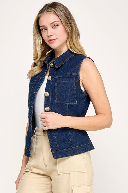 1844 SleevelessButton Down Denim Top