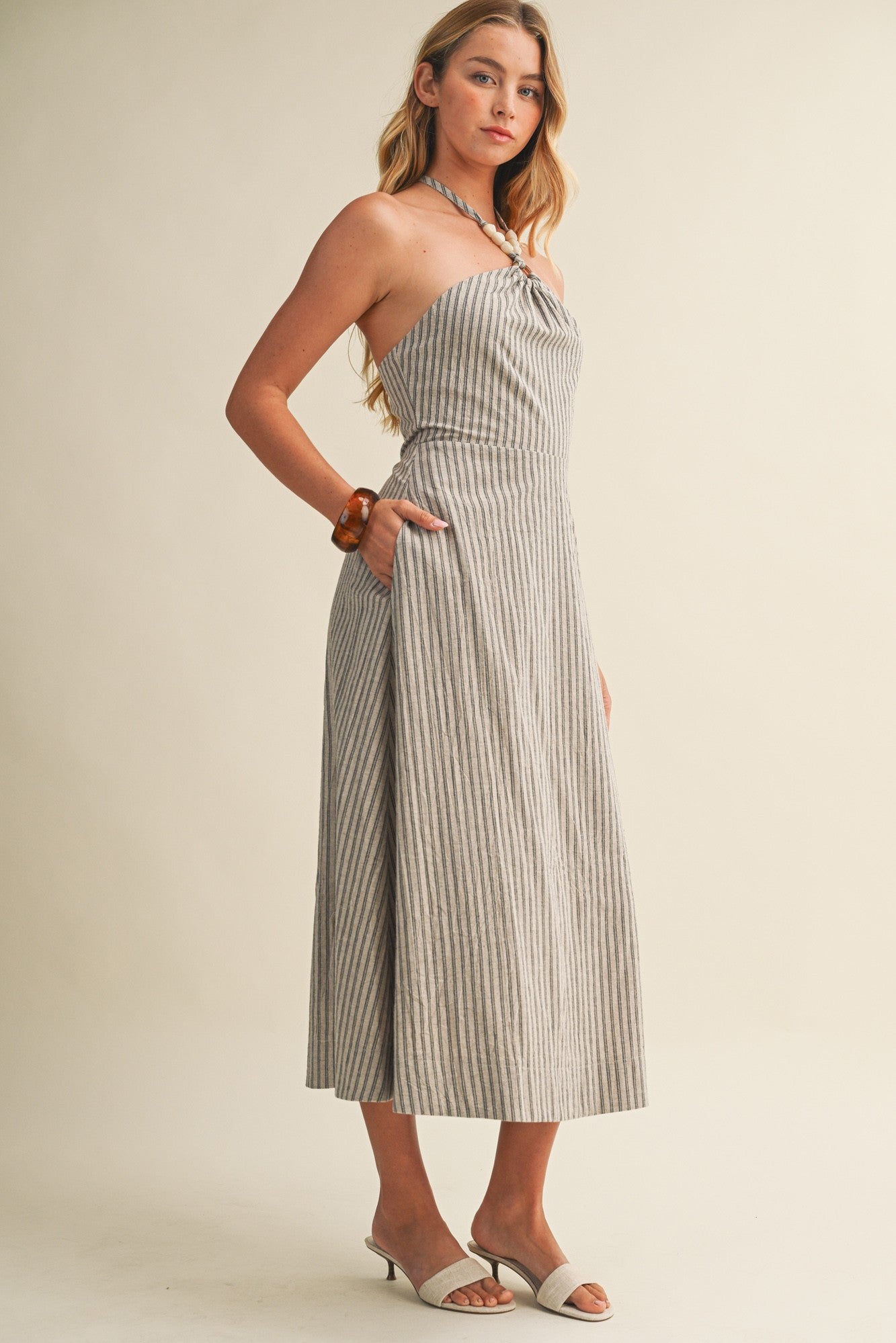 2314 Linen Halter Striped  Dress