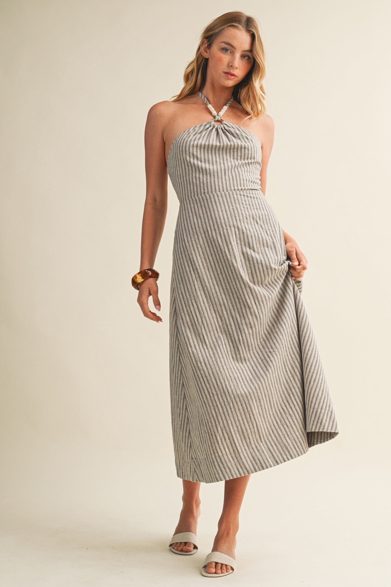 2314 Linen Halter Striped  Dress