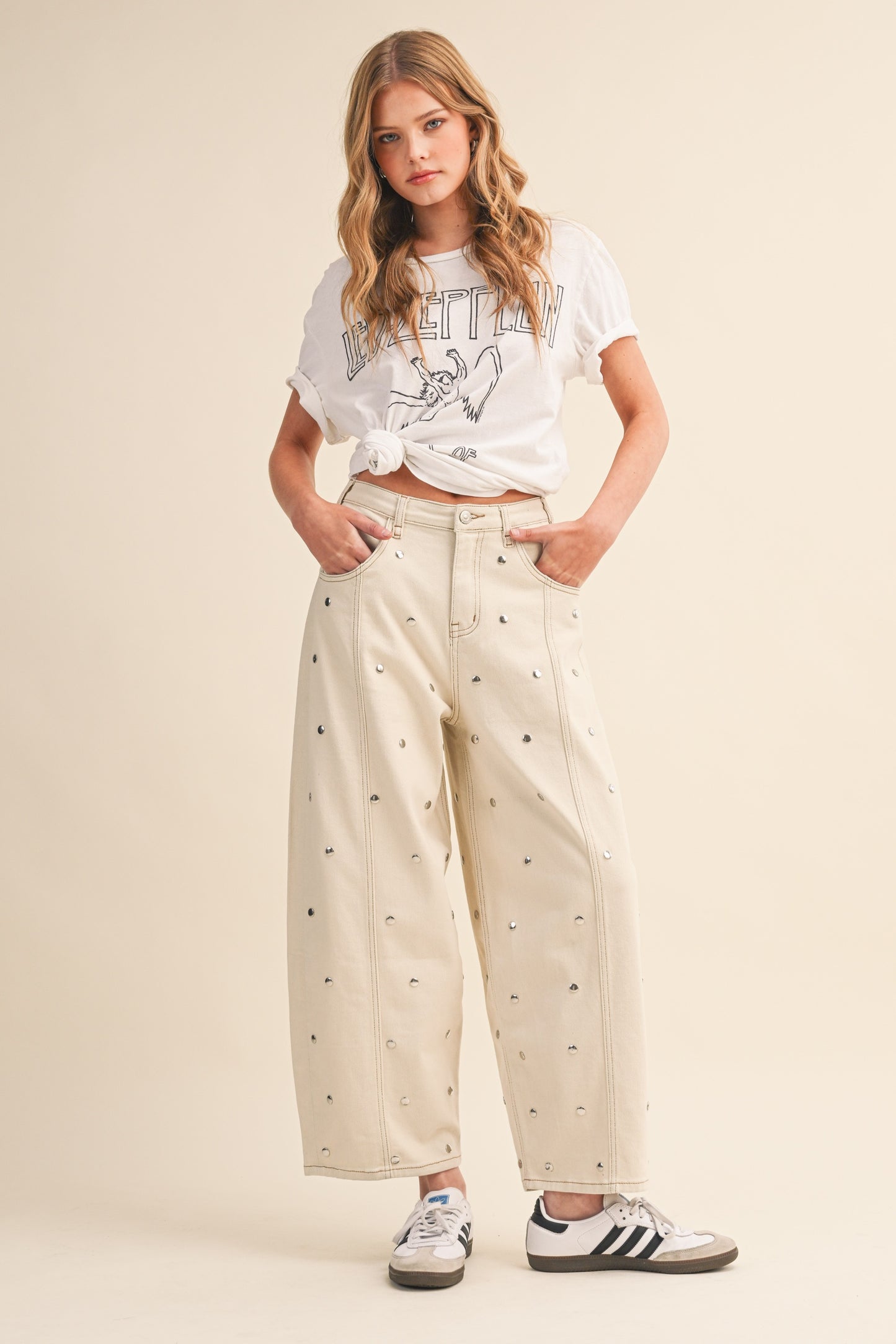 2510 Studded Cream Barrel Pant