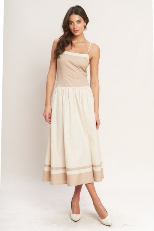 1974 Ivory & Taupe Midi Dress