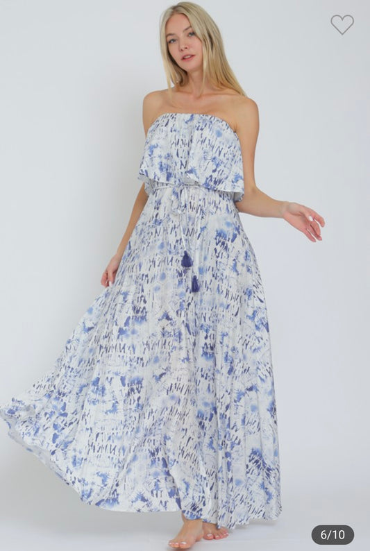 1625 Blue Printed Strapless Tassels Maxi Dress