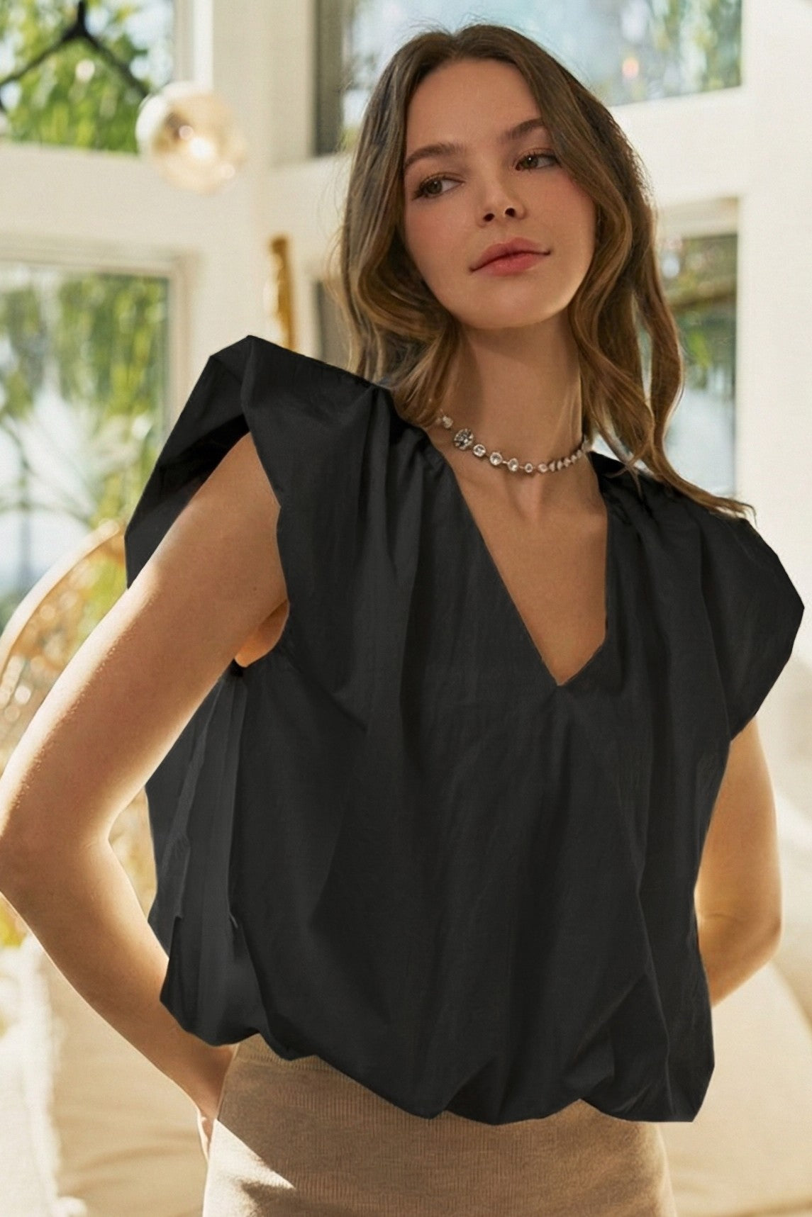 2437 V-Neck Bubble Top