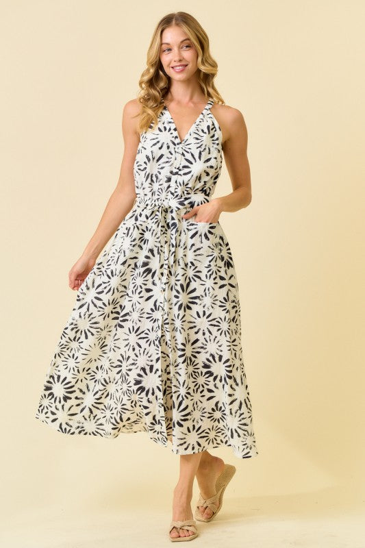 2148 Black & White Halter Midi Dress
