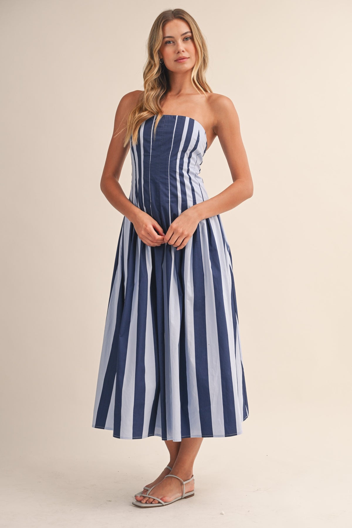 2680 Strapless Striped Pleated Midi Dress
