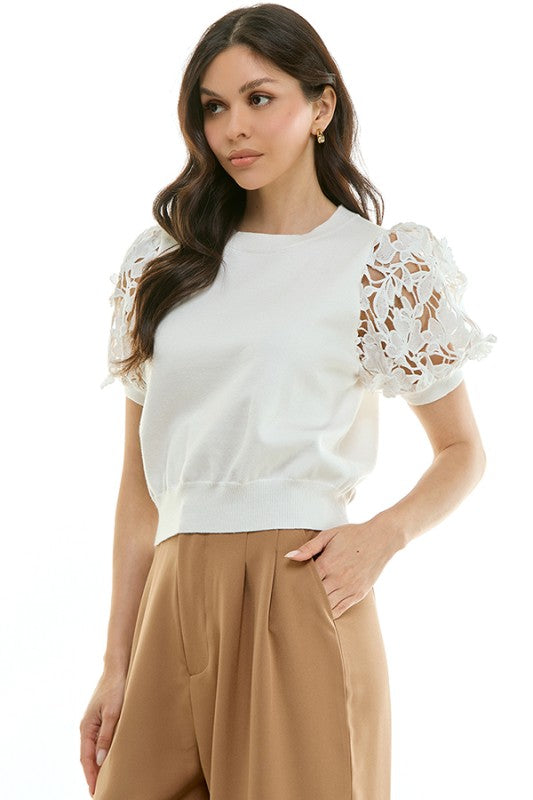 2096 Lace Bubble Sleeve Knit Top