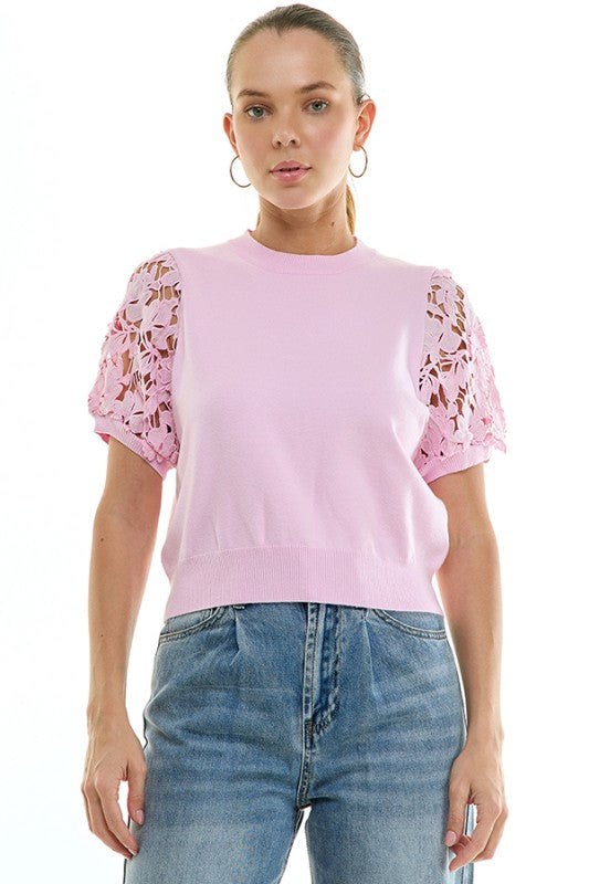 2096 Lace Bubble Sleeve Knit Top