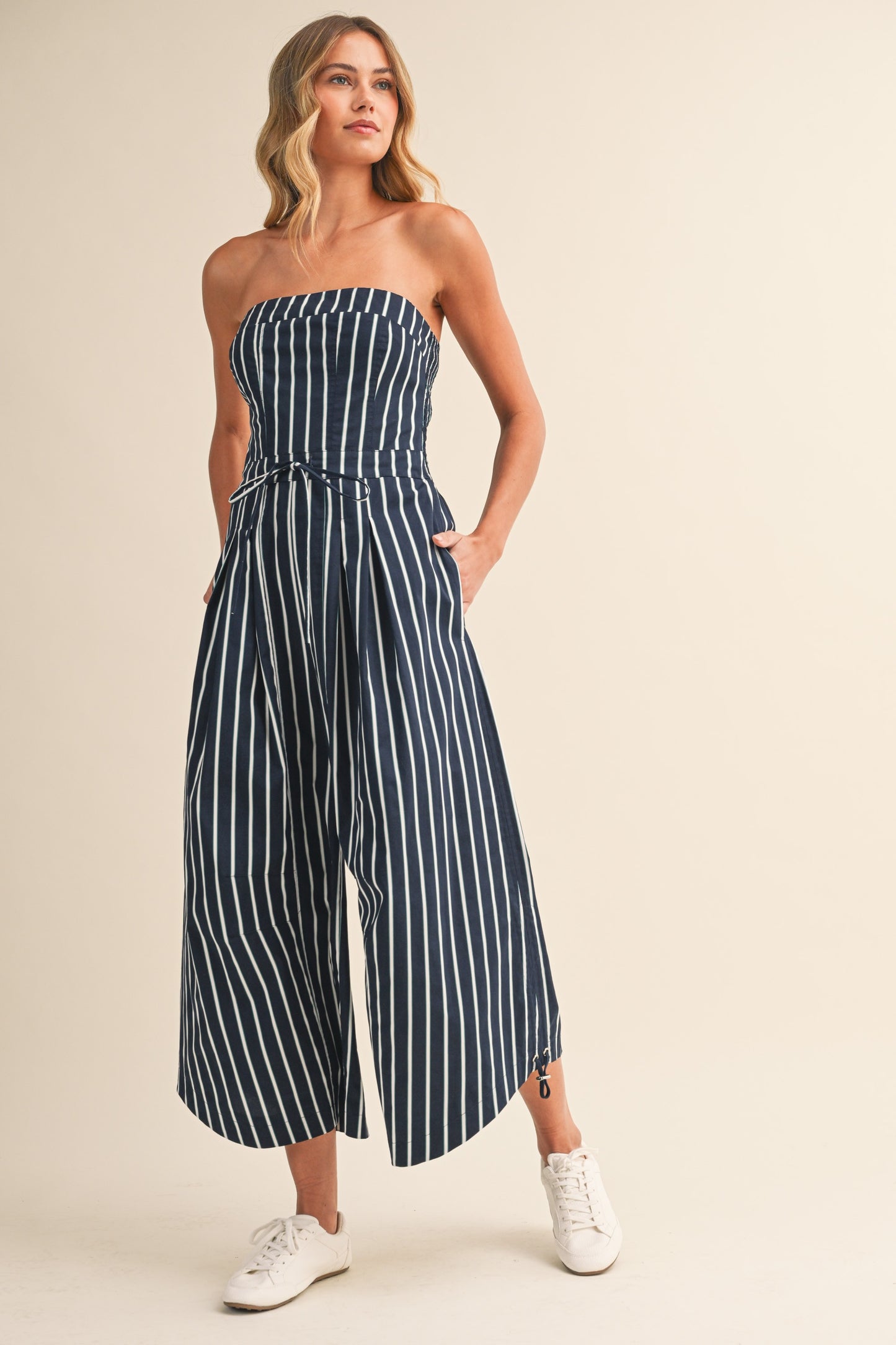 2571 Navy Strapless Striped Jumpsuit