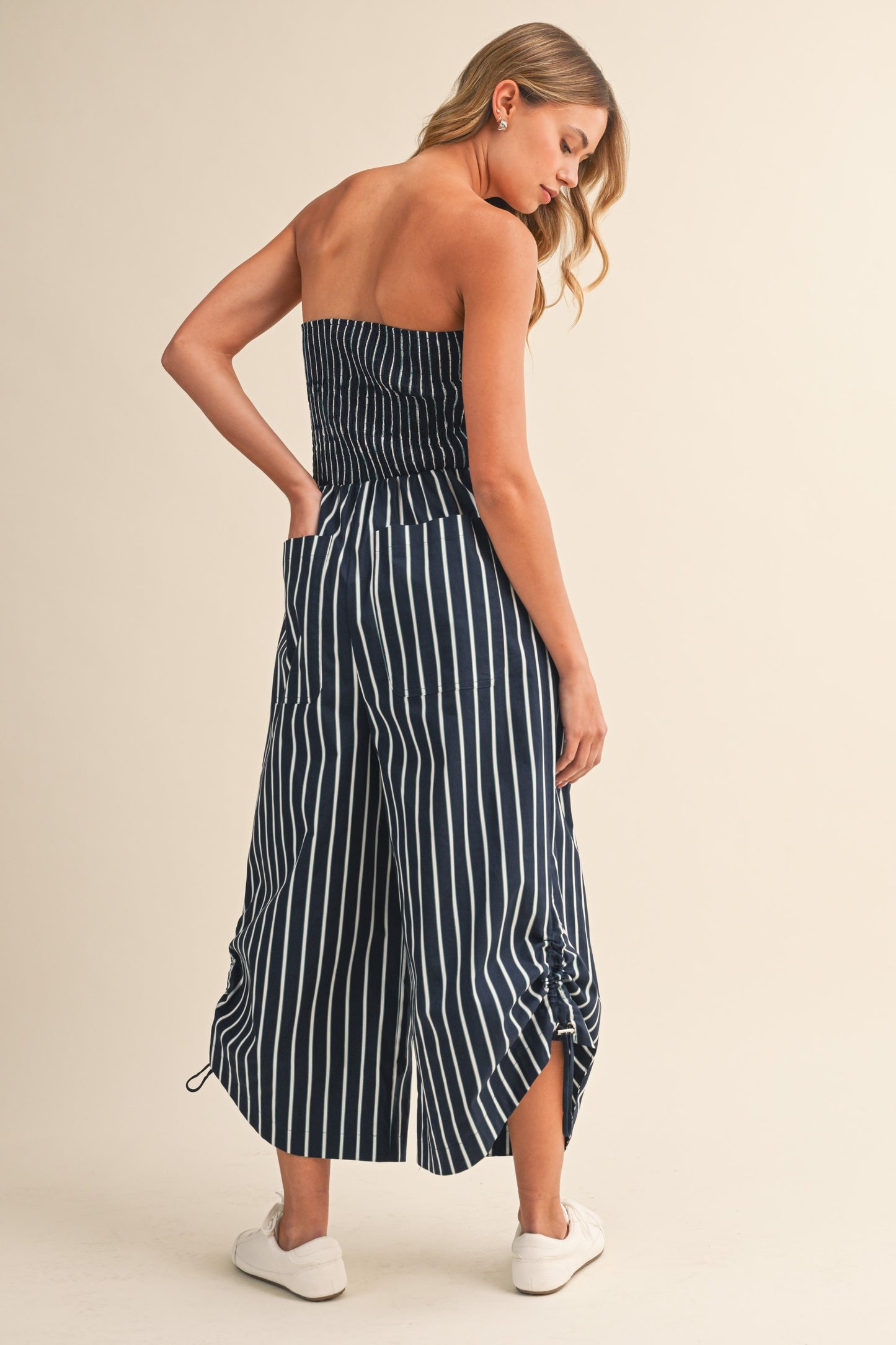 2571 Navy Strapless Striped Jumpsuit