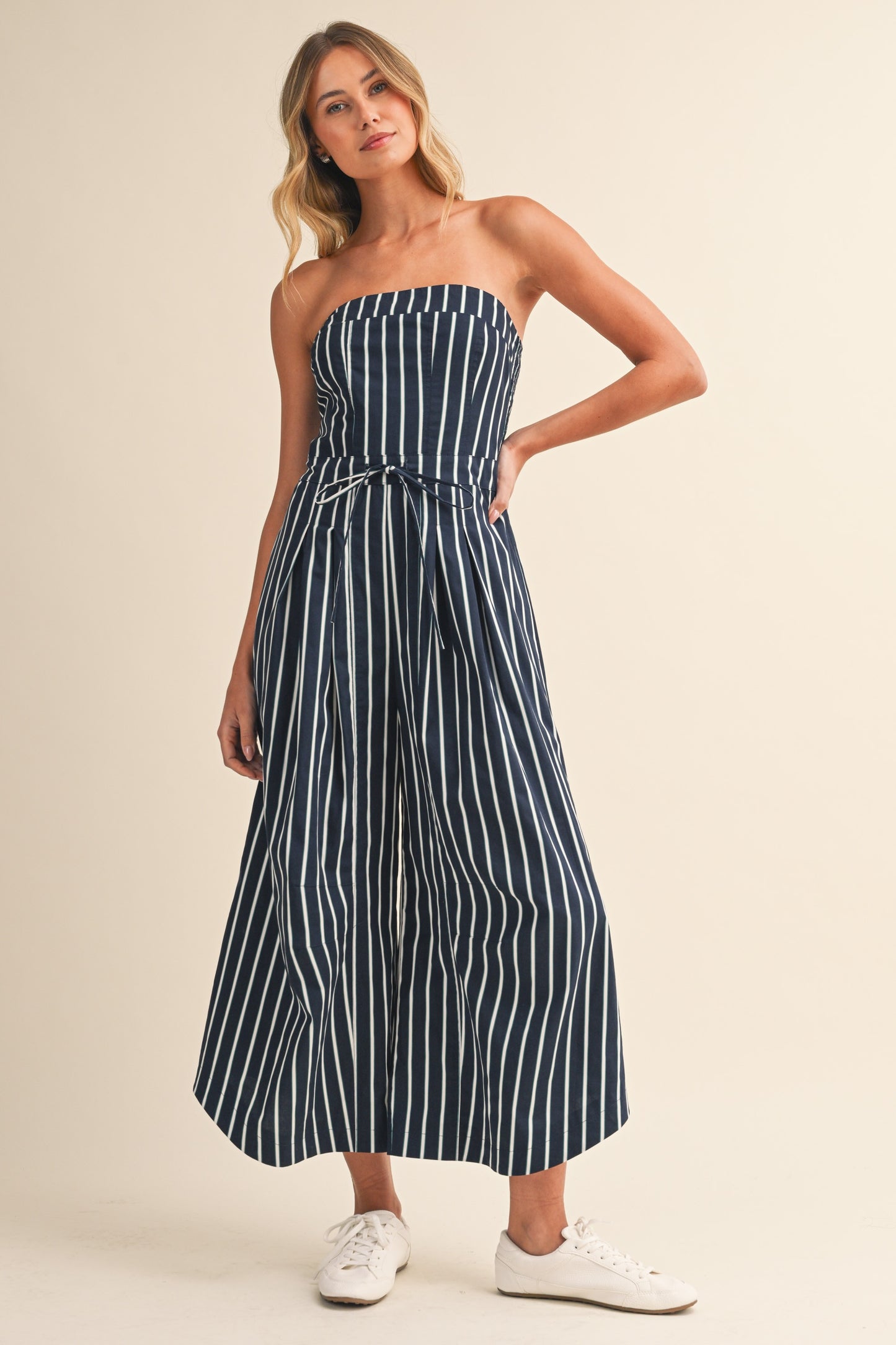 2571 Navy Strapless Striped Jumpsuit