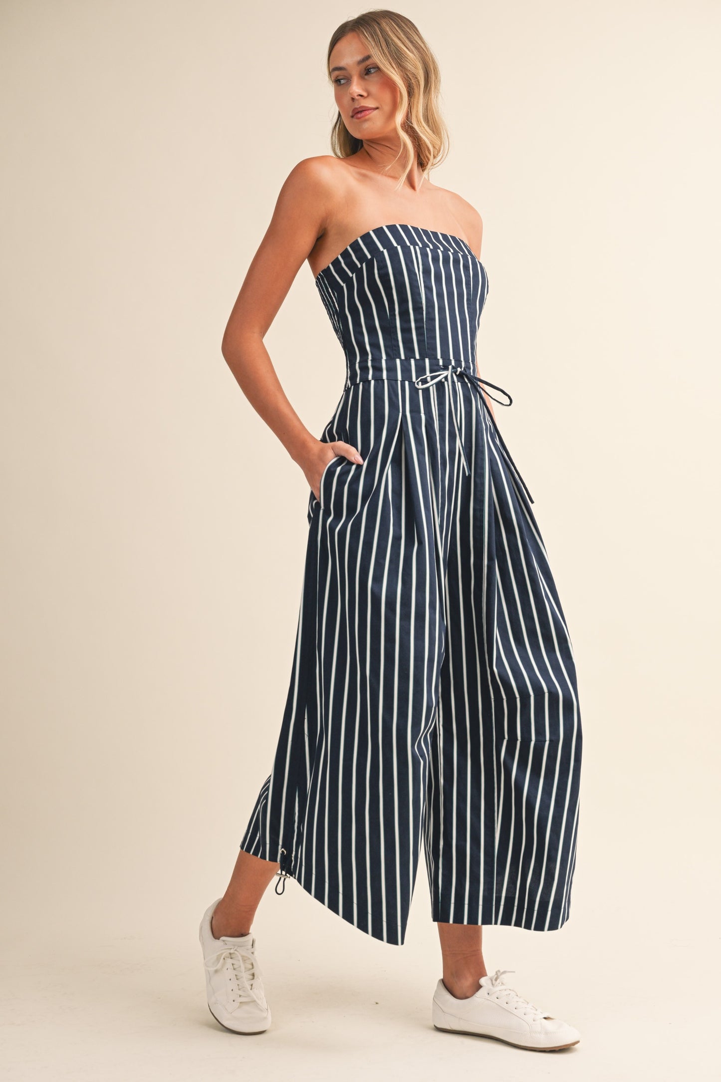 2571 Navy Strapless Striped Jumpsuit