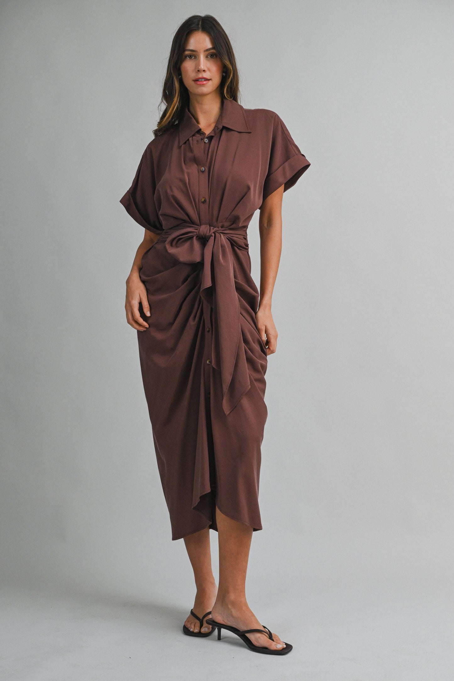 2269 Short Sleeve Tensel Midi Tied Dress