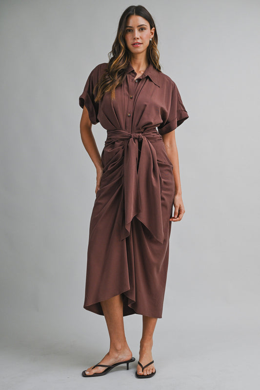 2269 Short Sleeve Tensel Midi Tied Dress