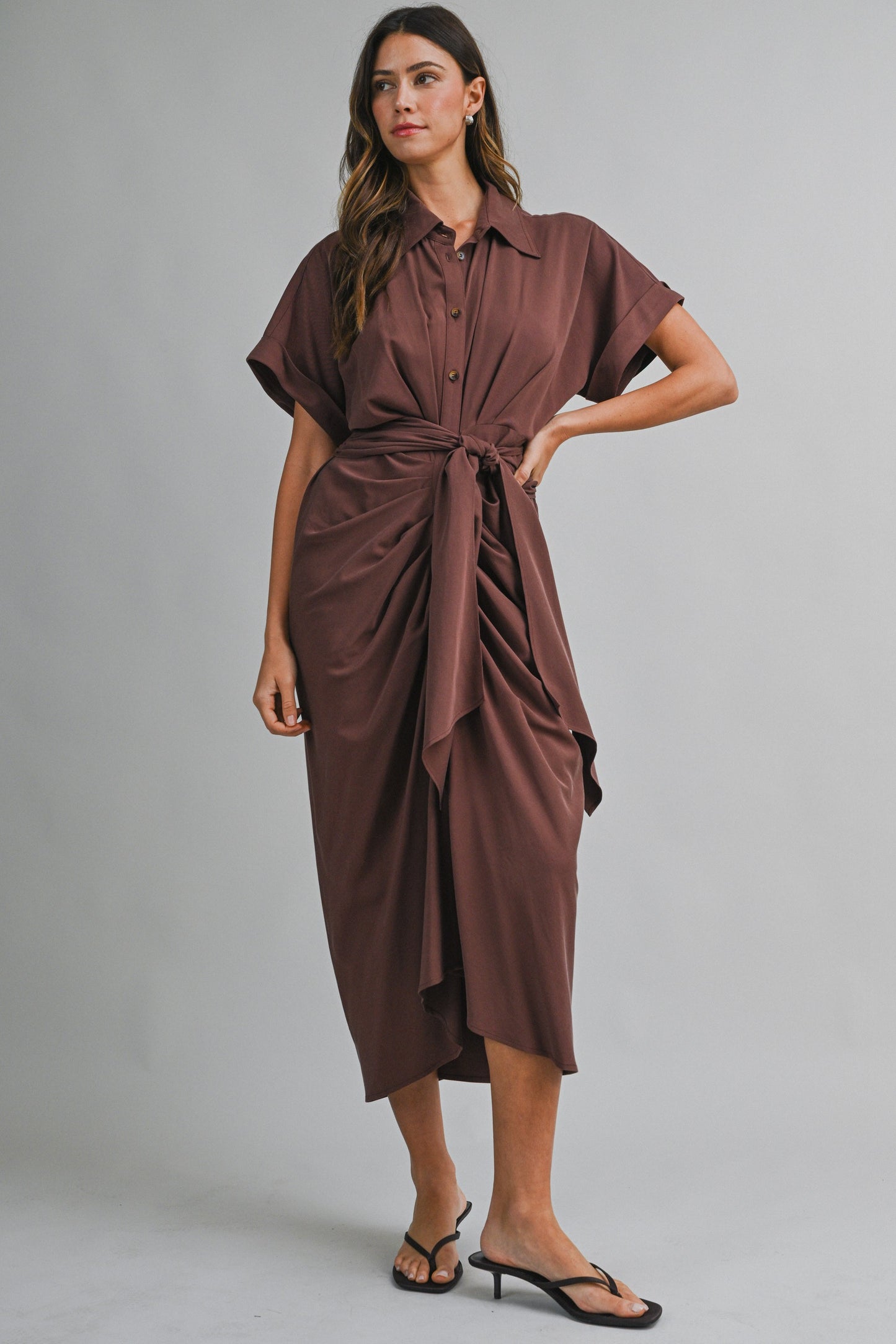 2269 Short Sleeve Tensel Midi Tied Dress