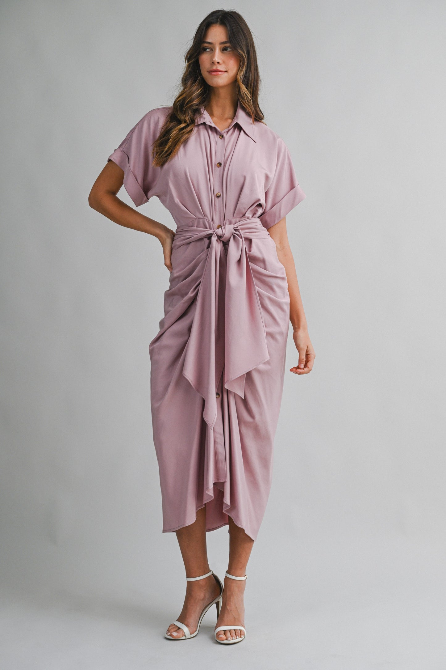 2269 Short Sleeve Tensel Midi Tied Dress