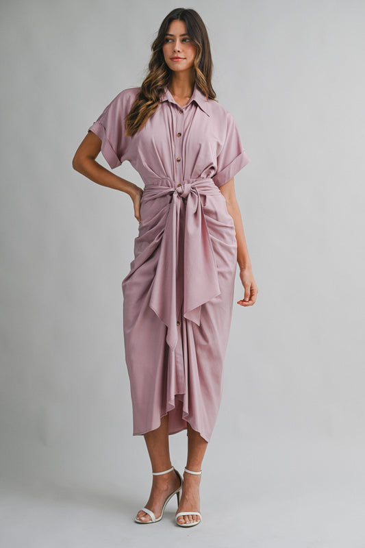 2269 Short Sleeve Tensel Midi Tied Dress