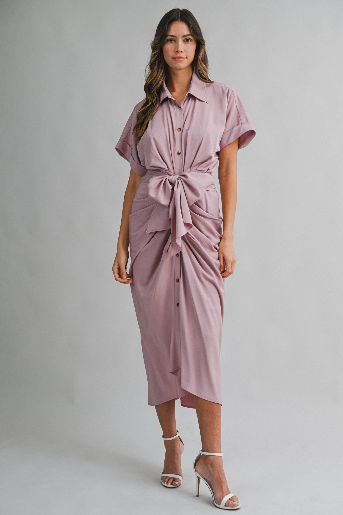 2269 Short Sleeve Tensel Midi Tied Dress