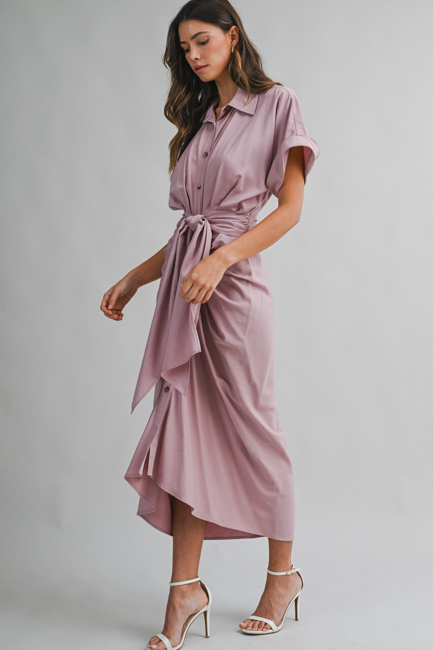 2269 Short Sleeve Tensel Midi Tied Dress