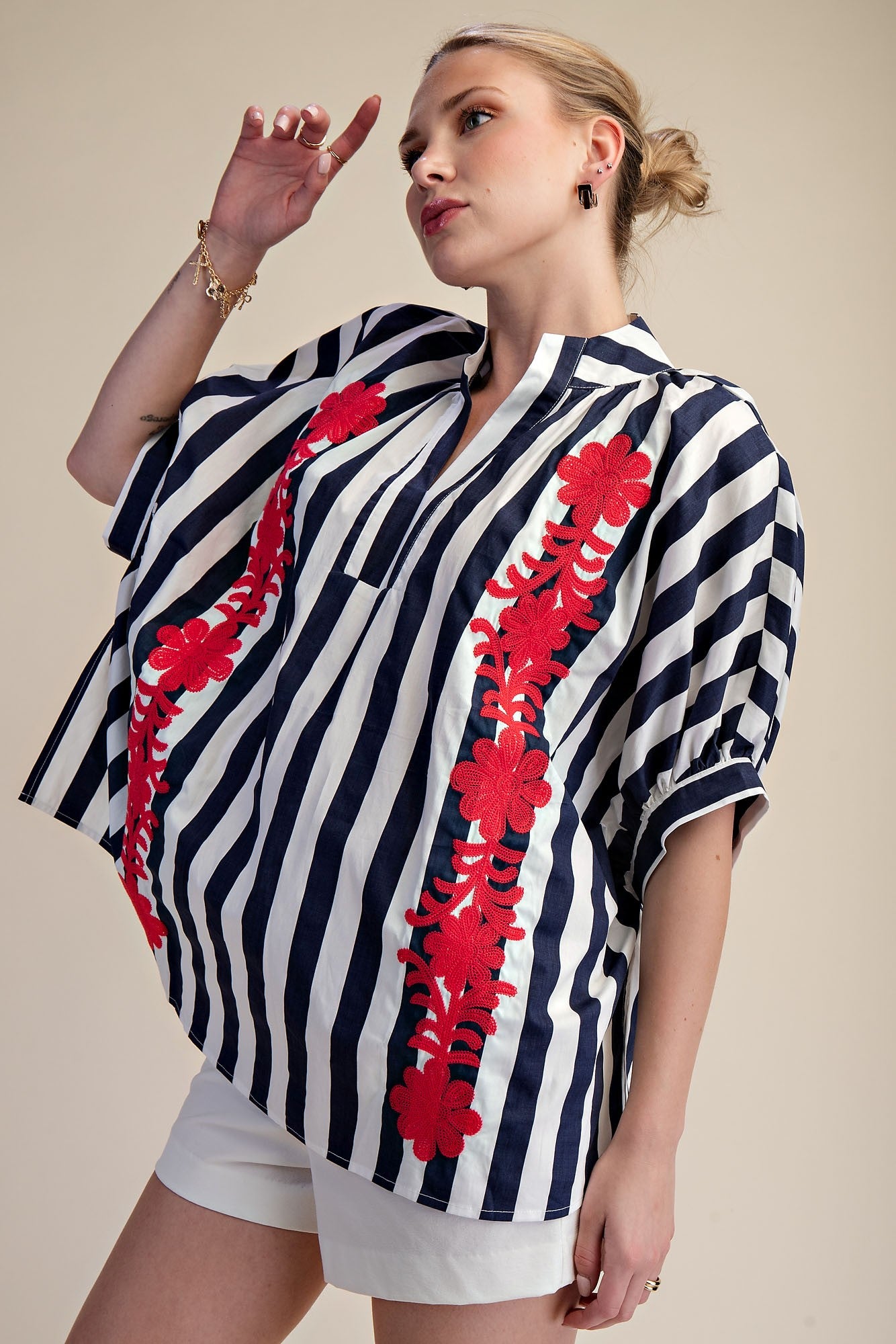 2390 Striped Floral Embroidered Oversized Shirt