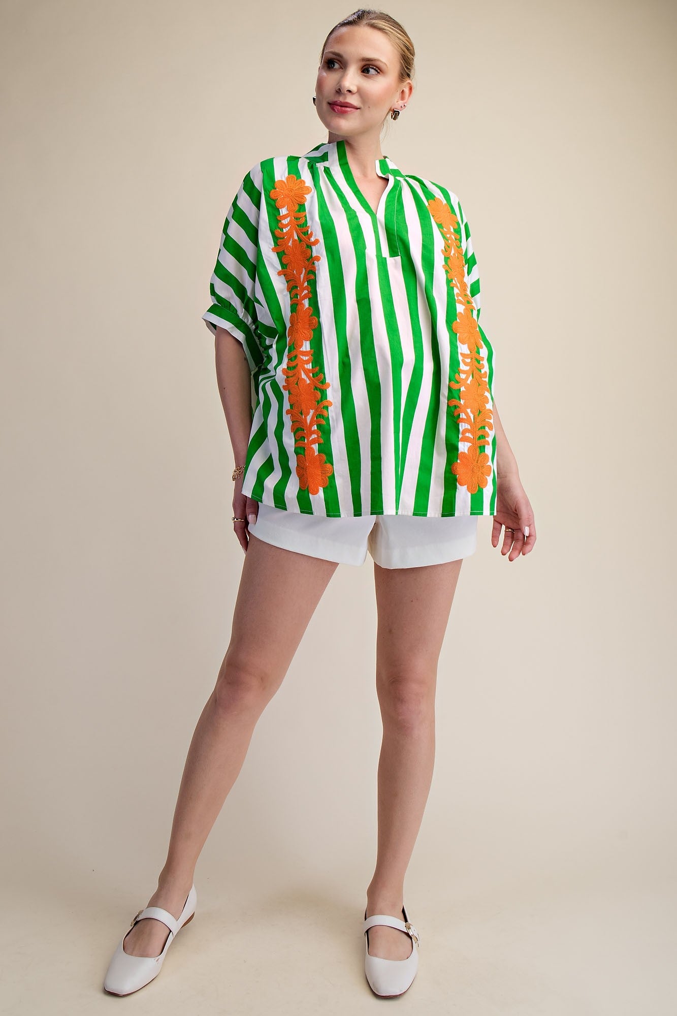 2390 Striped Floral Embroidered Oversized Shirt