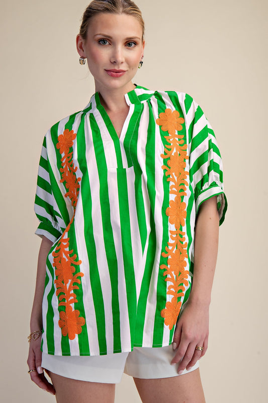 2390 Striped Floral Embroidered Oversized Shirt