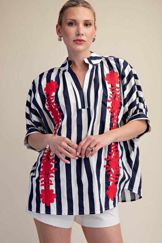 2390 Striped Floral Embroidered Oversized Shirt