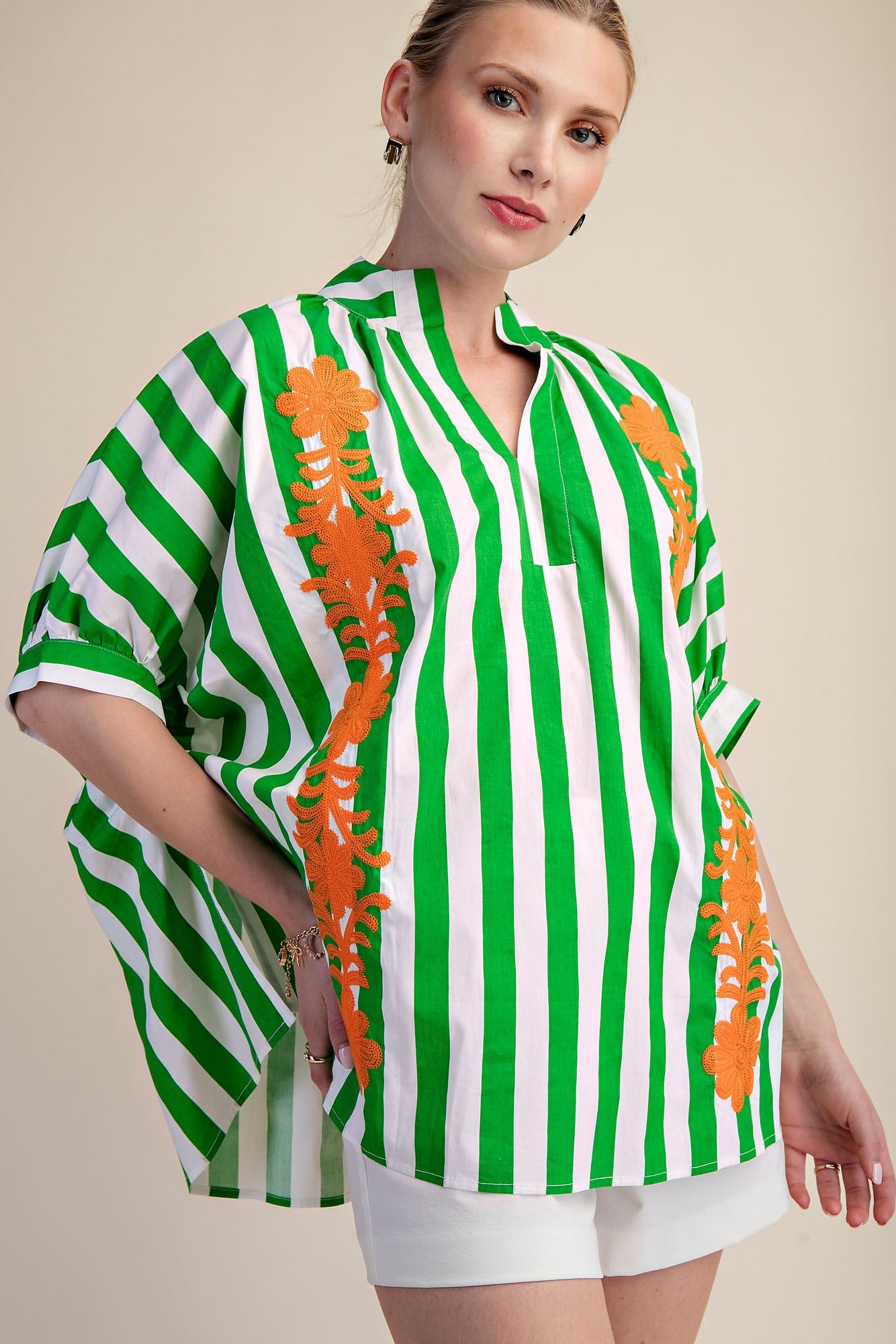 2390 Striped Floral Embroidered Oversized Shirt