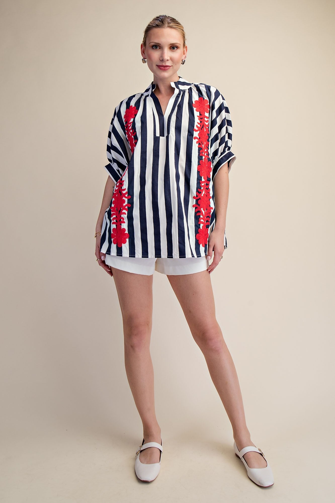 2390 Striped Floral Embroidered Oversized Shirt