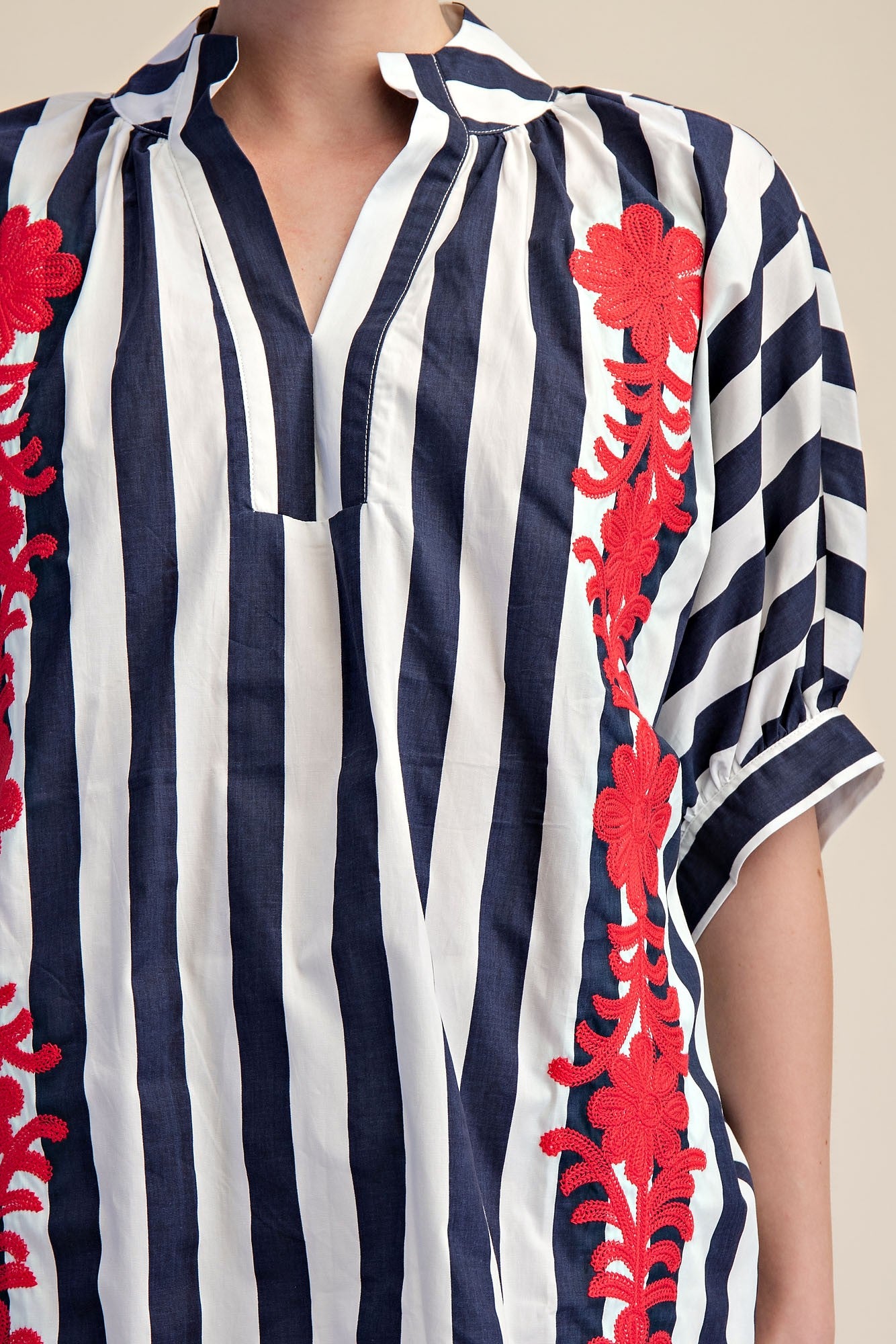 2390 Striped Floral Embroidered Oversized Shirt