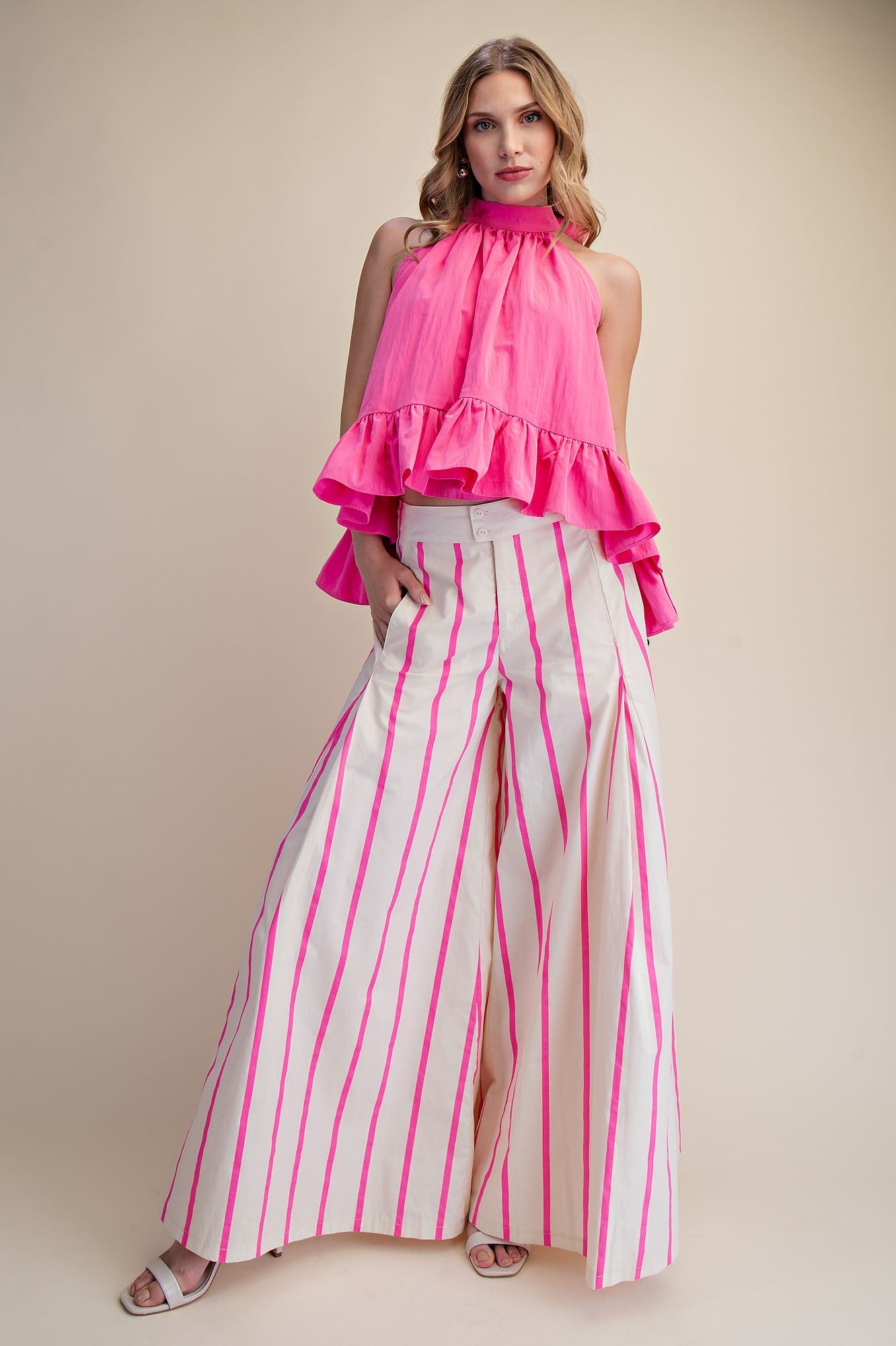 21610 Hot Pink Striped Wide Leg Pant