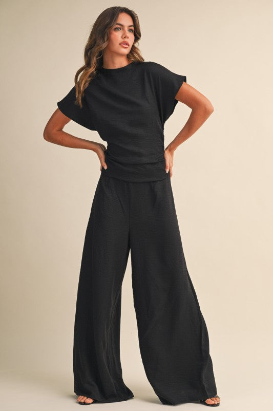 2244 Black Ruched Wide Leg Jumpsuit
