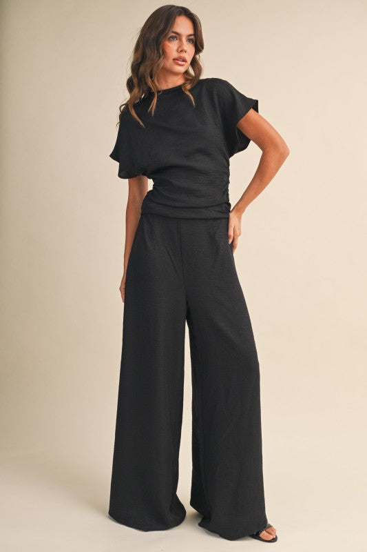 2244 Black Ruched Wide Leg Jumpsuit