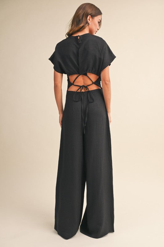 2244 Black Ruched Wide Leg Jumpsuit