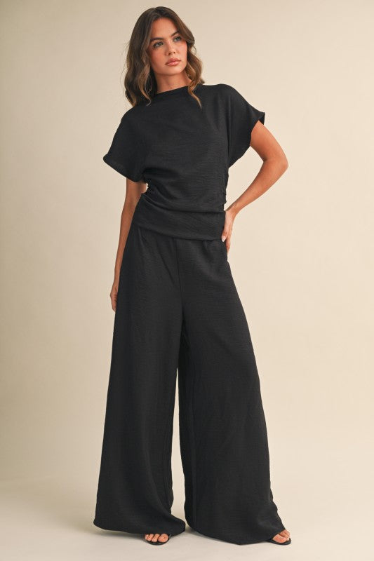 2244 Black Ruched Wide Leg Jumpsuit