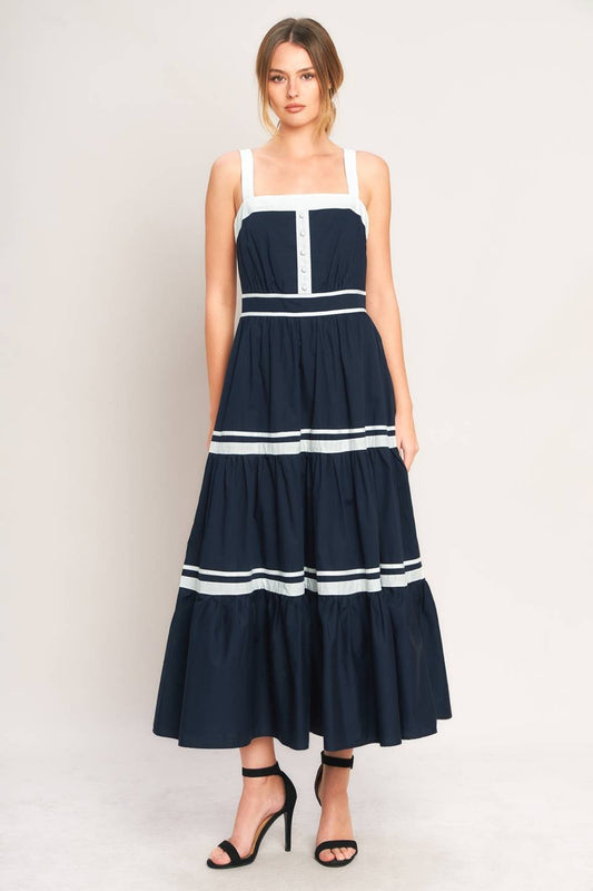 2308 Navy & White Midi Dress