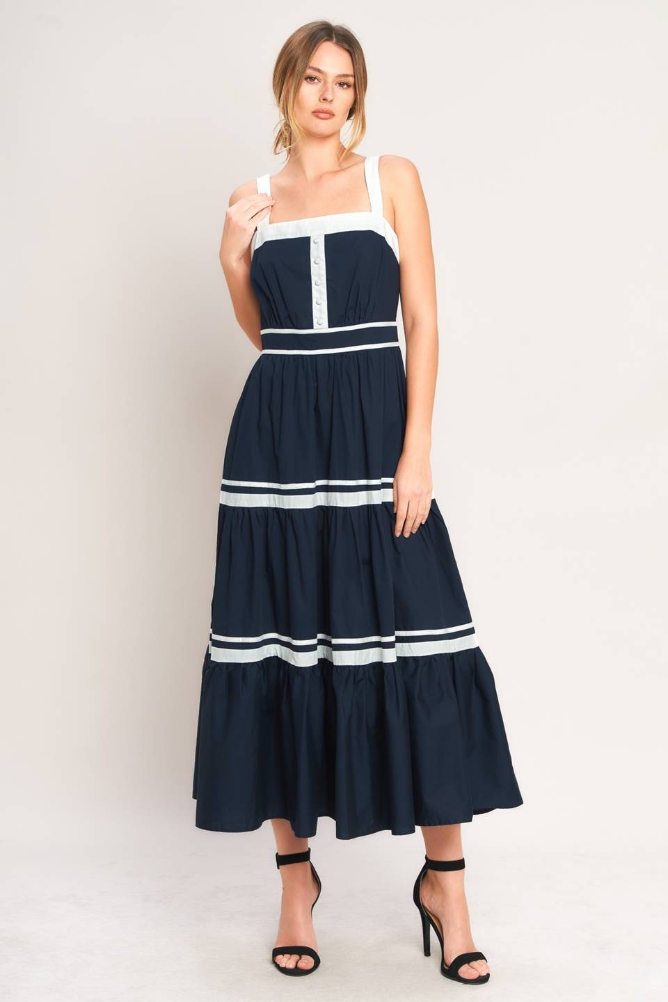 2308 Navy & White Midi Dress
