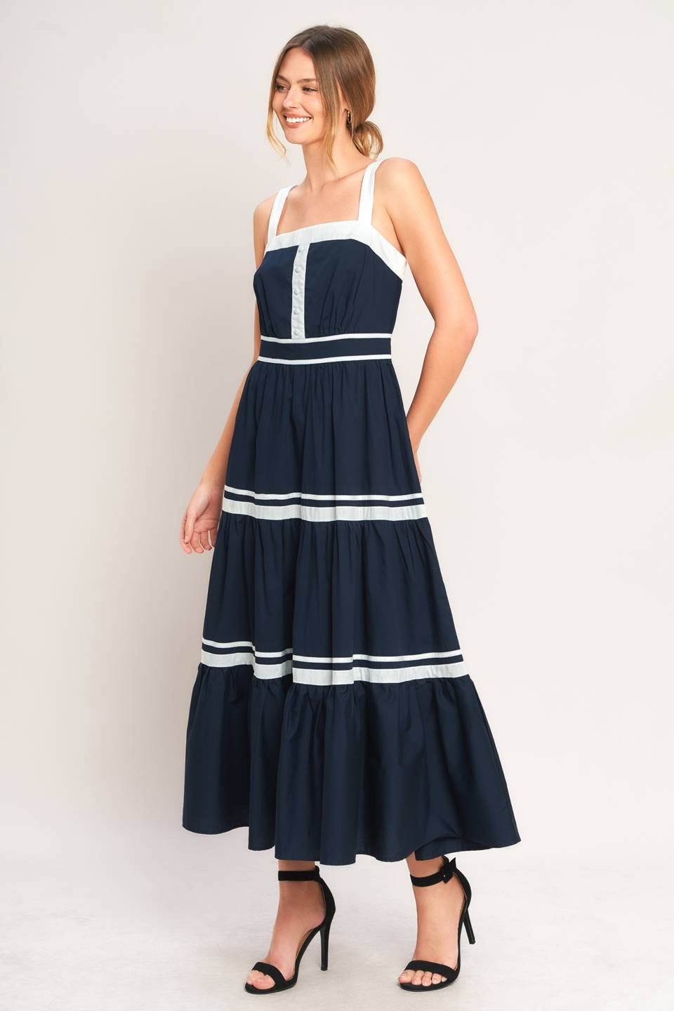 2308 Navy & White Midi Dress