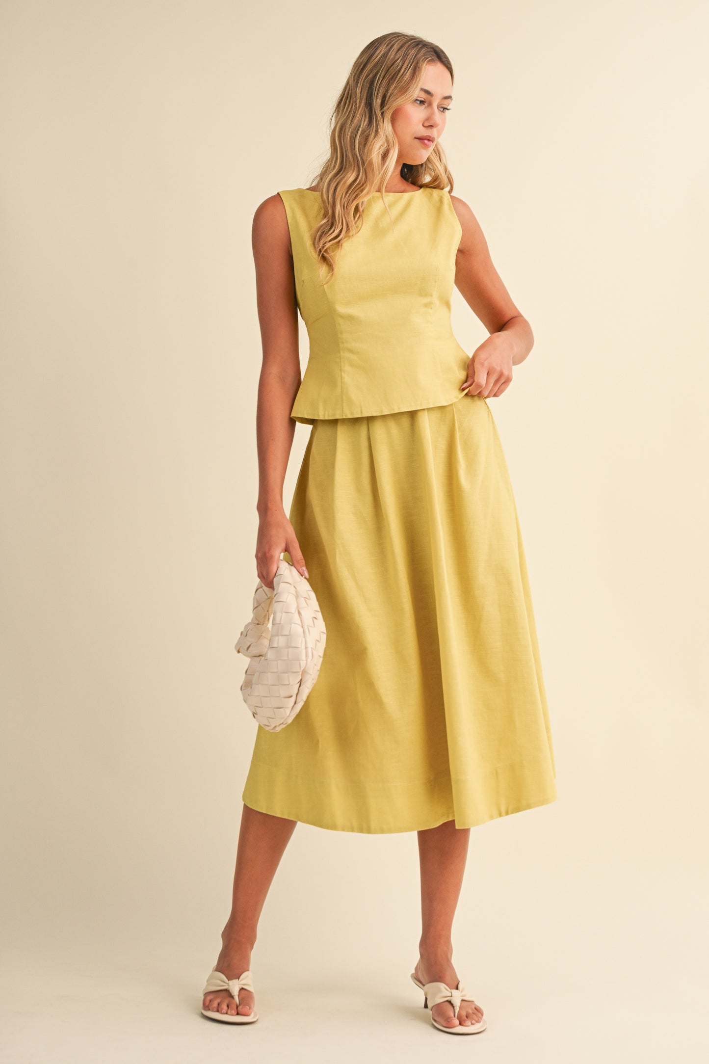 2575 Yellow Peplum Top & Pleated Skirt Set