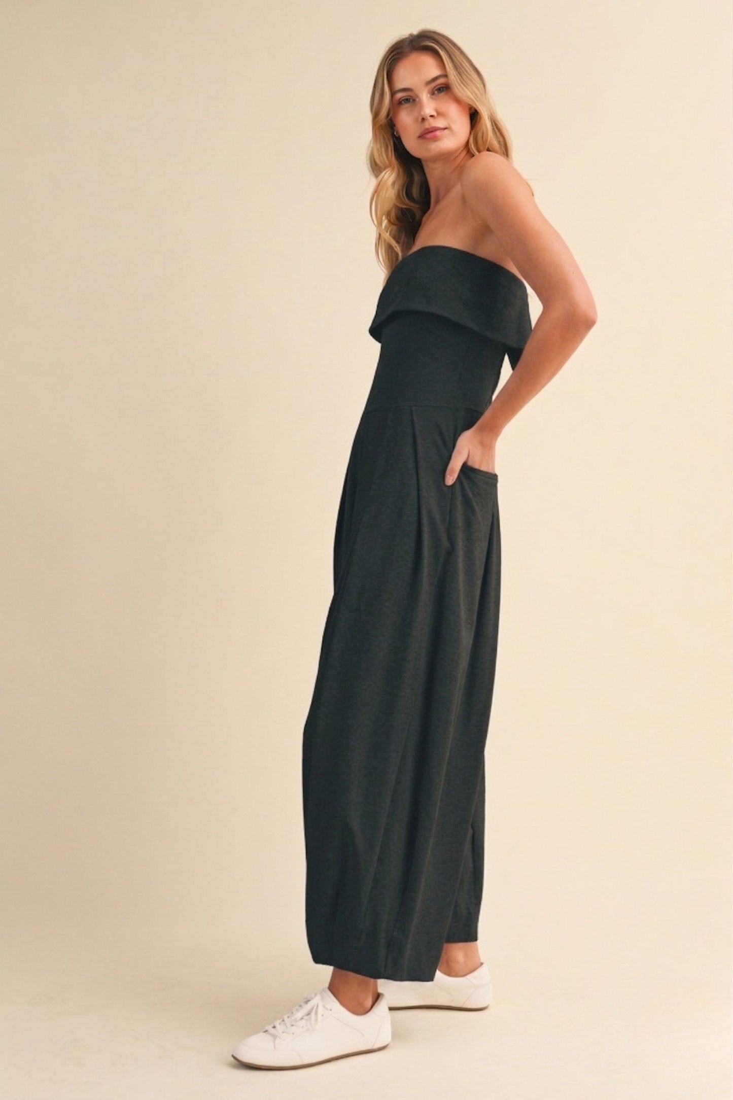 2551 Black Strapless Barrel Jumpsuit